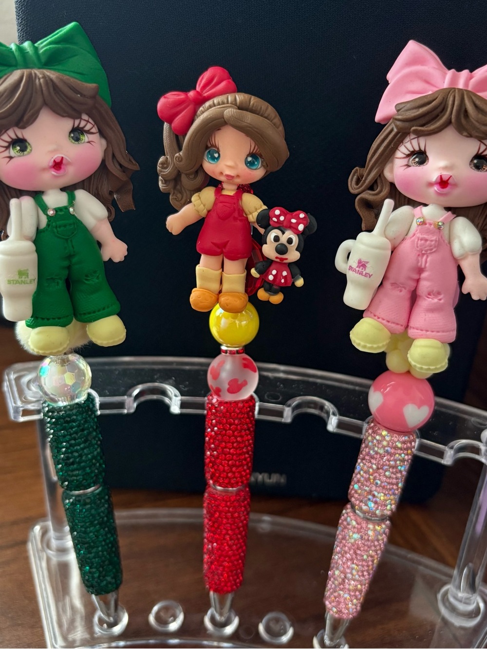 Cute Girl Character Decorative Pen - Pink, Red, Green. Clay doll pens